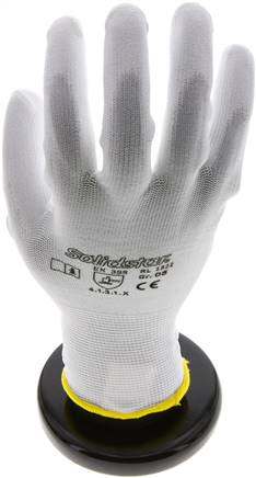 Feinstrick Handschuh mit PU-Teilbeschichtung, fusselfrei, weiß, M, Schutzklasse (EN 388) 4.1.3.1.X