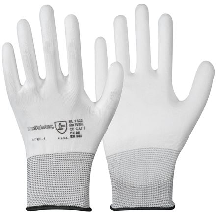 Feinstrick Handschuh mit PU-Teilbeschichtung, fusselfrei, weiß, M, Schutzklasse (EN 388) 4.1.3.1.X
